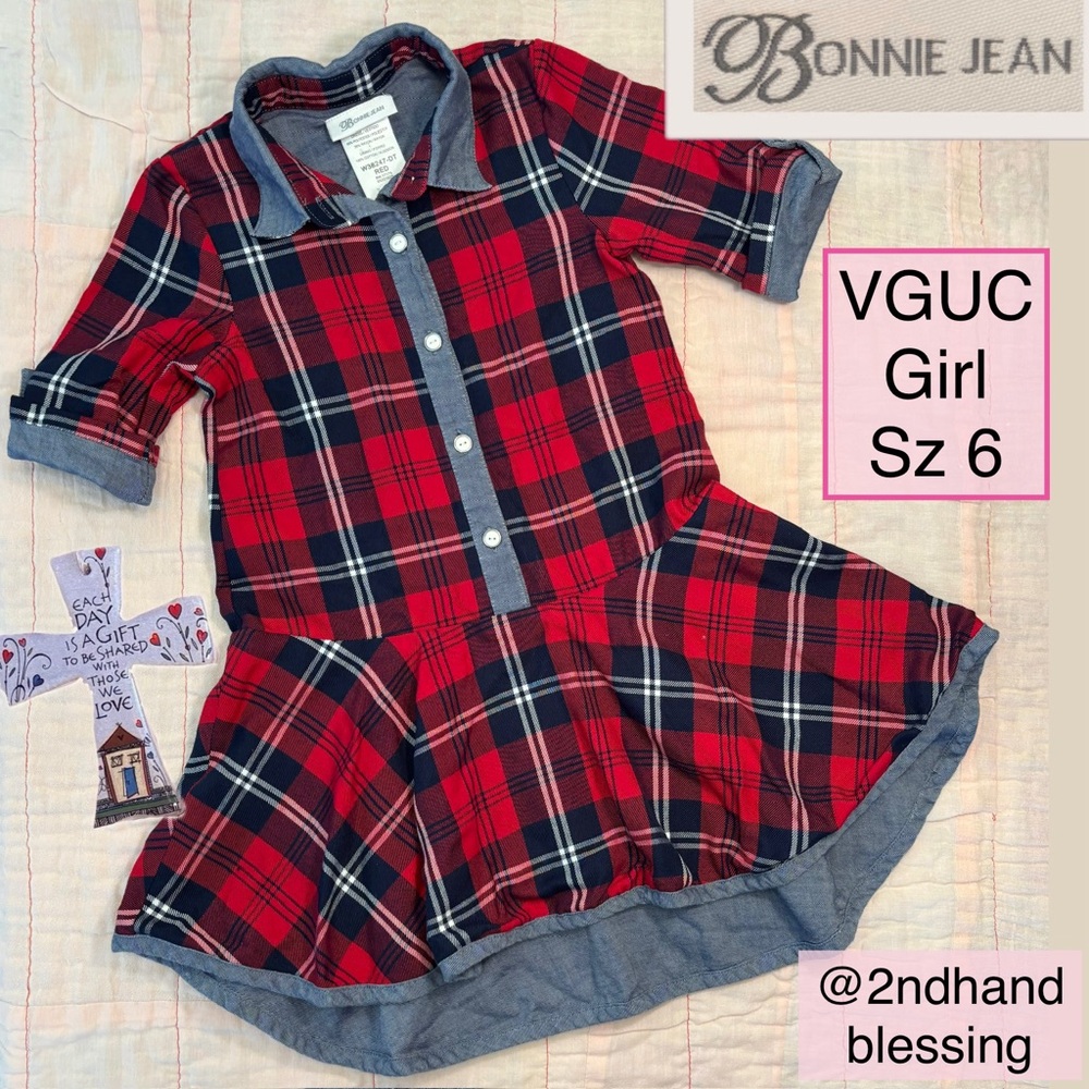 VGUC Bonnie Jean Navy Red Plaid Fall Dress, Girl Sz 6, Flannel Style Hi Lo Dress